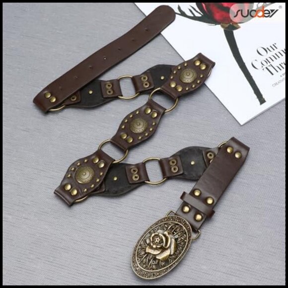 Vintage Western Belt Faux Leather Studded Rivets Adjustable Cowgirl Style main image 6
